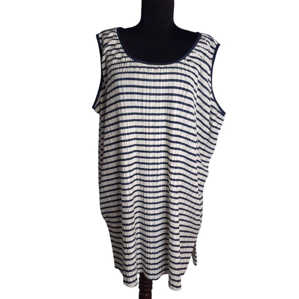 QPS Size 2X Blouse Womens Navy White Striped Sleeveless Scoop Neck NEW